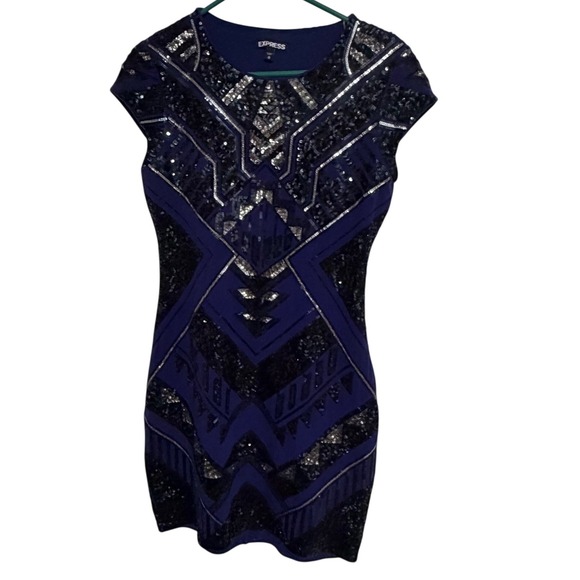 Express Dresses & Skirts - Express Womens Sequin Bodycon Dress Navy Blue Silver Geometric Art Deco Medium
